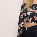 Mini Blusa Feminina Floral Ombro Caído Preta Moda Praia Verão Estampada