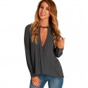 V Neck Casual Dress Casual Long Sleeve Gray and Black Basic Female