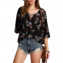 Blusa Femina Preta Floral Moda Praia Manga 3/4 Fina Gola de Cadaço