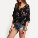 Blusa Femina Preta Floral Moda Praia Manga 3/4 Fina Gola de Cadaço