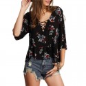 Blusa Femina Preta Floral Moda Praia Manga 3/4 Fina Gola de Cadaço