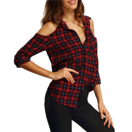 Women's Chess Open Shoulder Button Casual Checked Red Button