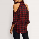 Blusa Xadrez Feminina Ombro Aberto Botões Casual Vermelha Quadriculada