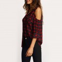 Women's Chess Open Shoulder Button Casual Checked Red Button