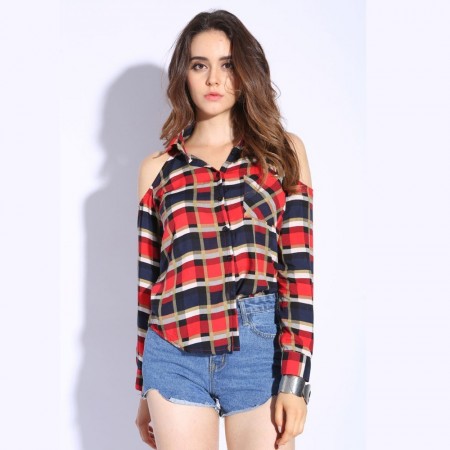 Blusa Xadrez Feminina Ombro Aberto Botões Casual Vermelha Quadriculada