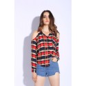 Blusa Xadrez Feminina Ombro Aberto Botões Casual Vermelha Quadriculada