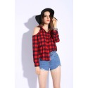 Blusa Xadrez Feminina Ombro Aberto Botões Casual Vermelha Quadriculada