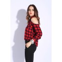 Blusa Xadrez Feminina Ombro Aberto Botões Casual Vermelha Quadriculada