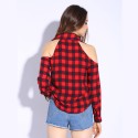 Blusa Xadrez Feminina Ombro Aberto Botões Casual Vermelha Quadriculada