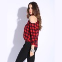 Blusa Xadrez Feminina Ombro Aberto Botões Casual Vermelha Quadriculada