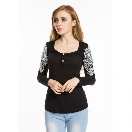 Camiseta Feminina Gola Quadrada com Bardados em Renda Moda Casual