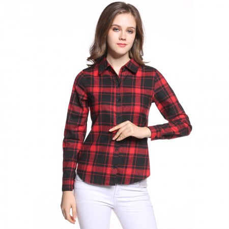 Camisa Xadrez Casual Feminina Vermelha Moda Quadriculada Manga Longa