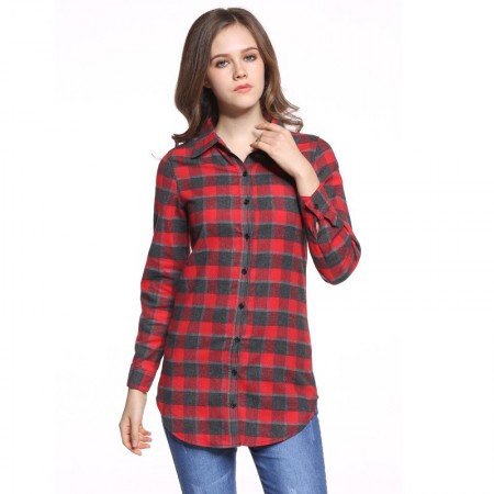 Long Casual Chess Women's Casual Long Checked Fashion Shirt