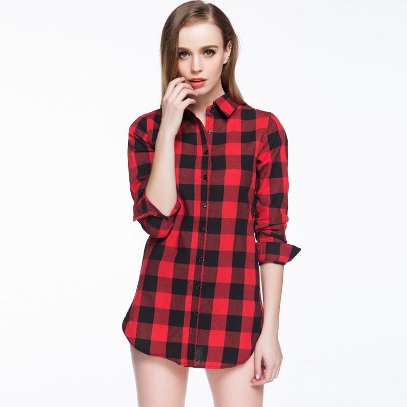 Camisa Xadrez Feminina Casual Ingles Manga Longa Vermelha