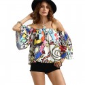 Bohemian Blouse Shoulder Fallen Printed Colorful Artistic Drawings Woman