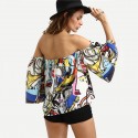 Bohemian Blouse Shoulder Fallen Printed Colorful Artistic Drawings Woman