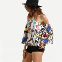 Bohemian Blouse Shoulder Fallen Printed Colorful Artistic Drawings Woman