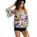 Bohemian Blouse Shoulder Fallen Printed Colorful Artistic Drawings Woman