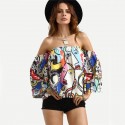 Bohemian Blouse Shoulder Fallen Printed Colorful Artistic Drawings Woman