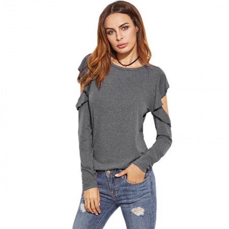 Women's T-shirt Dropped Blouse Fashion Winter Casual Gray Long Sleeve