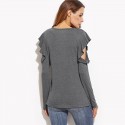 Camiseta Feminina Vazado Blusa Moda Inverno Casual Cinza Manga Longa