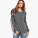 Camiseta Feminina Vazado Blusa Moda Inverno Casual Cinza Manga Longa