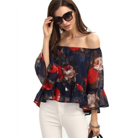 Blusa Linda Boemia Floral Azul Marinho Feminina Ombro Caído Casual