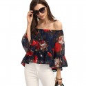 Blusa Linda Boemia Floral Azul Marinho Feminina Ombro Caído Casual