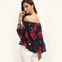 Blusa Linda Boemia Floral Azul Marinho Feminina Ombro Caído Casual