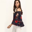 Blusa Linda Boemia Floral Azul Marinho Feminina Ombro Caído Casual