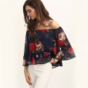Blusa Linda Boemia Floral Azul Marinho Feminina Ombro Caído Casual