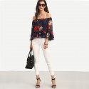 Beautiful Blouse Bohemian Floral Navy Blue Female Dropped Shoulder Casual