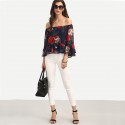 Blusa Linda Boemia Floral Azul Marinho Feminina Ombro Caído Casual