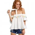 White Blouse Fofa Dropped Pleated Shoulder with Bow Fashion Women's Beach