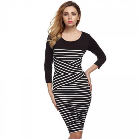 Striped Dress Casual Elegant Medium Long Sleeve Black and White