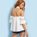 White Blouse Fofa Dropped Pleated Shoulder with Bow Fashion Women's Beach