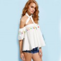 Blusa Branca Fofa Ombro Caído Plissado com Laço Moda Praia Feminina