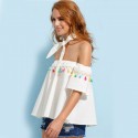 White Blouse Fofa Dropped Pleated Shoulder with Bow Fashion Women's Beach