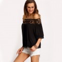 Women's Blouse Black Shoulder Drop Details Casual Lace 3/4 Sleeve