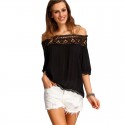 Women's Blouse Black Shoulder Drop Details Casual Lace 3/4 Sleeve