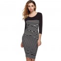 Striped Dress Casual Elegant Medium Long Sleeve Black and White