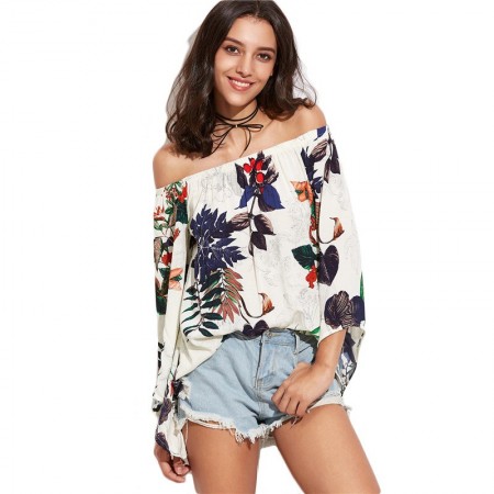 Women's Blouse White Floral Bohemia Summer Beach Fashion Dropped Shoulder