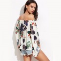 Women's Blouse White Floral Bohemia Summer Beach Fashion Dropped Shoulder