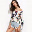 Women's Blouse White Floral Bohemia Summer Beach Fashion Dropped Shoulder