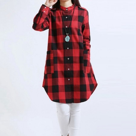 Blouse Women's Dress Long Chess Red and Gray Winter Bathrobe