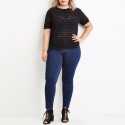 Camiseta Listrada Plus Size Feminina Preta Casual Tamanho Grande