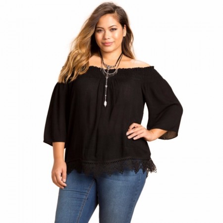 Blusa Ombro Caído Feminina Preta Moda Plus Size Manga 3/4 Verão