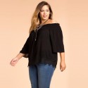 Blouse Shoulder Fallen Female Black Plus Size 3/4 Sleeve Summer