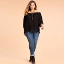 Blouse Shoulder Fallen Female Black Plus Size 3/4 Sleeve Summer