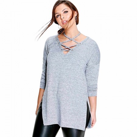 Blusa de Inverno Cinza Claro Feminino Moda Plus Size Manga Longa